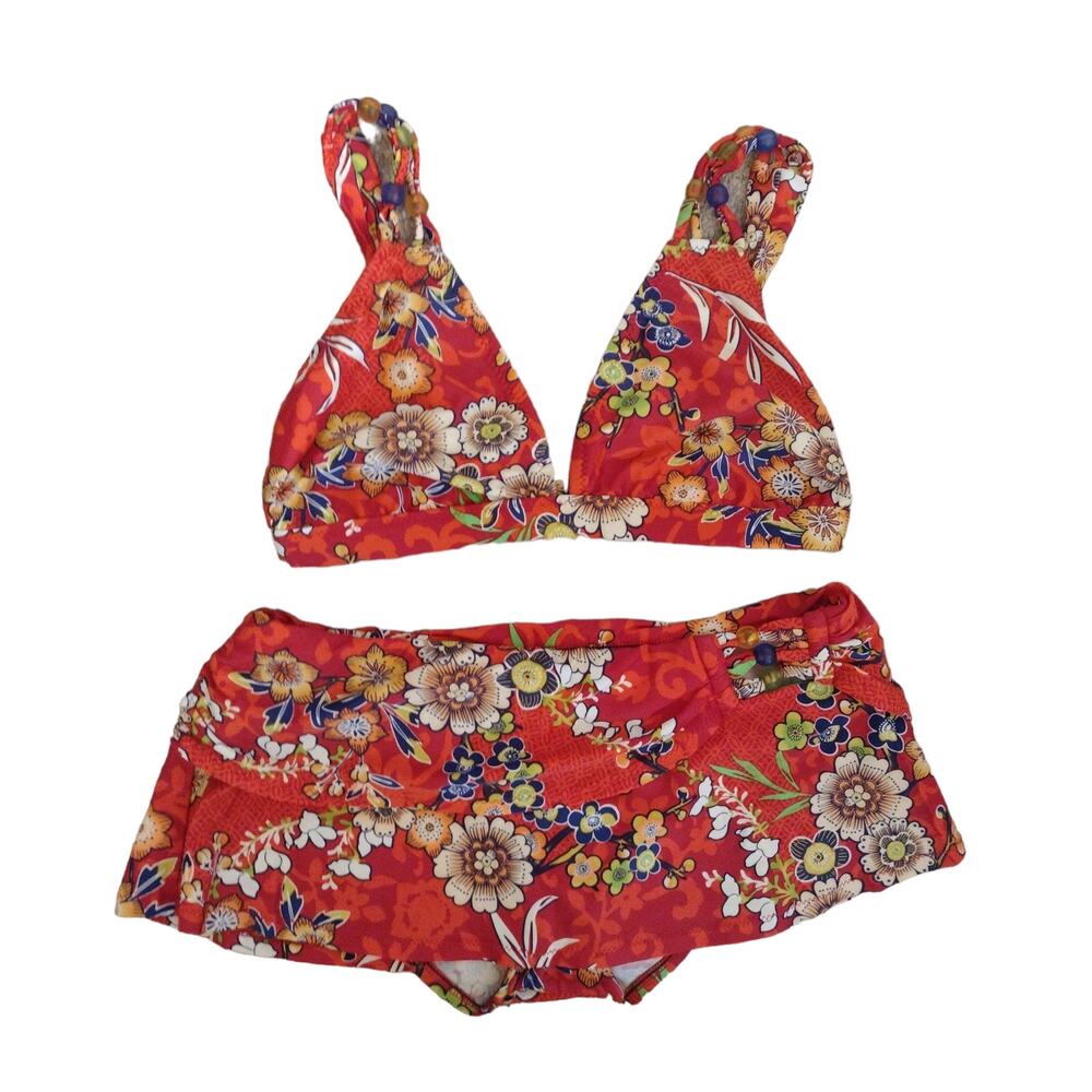 BECCA Red Floral Beaded Ruffle Skirt Bikini S Bottom, D Top